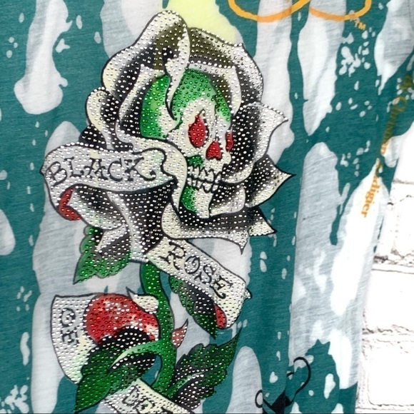 New-ed Hardy Black Rose Of Death Rhinestones BurnOut Sheer ShortSleeve Tee Shirt - Picture 4 of 13